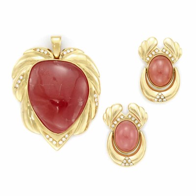 Lot 362 - Gold, Rhodochrosite and Diamond Pendant and Pair of Earrings