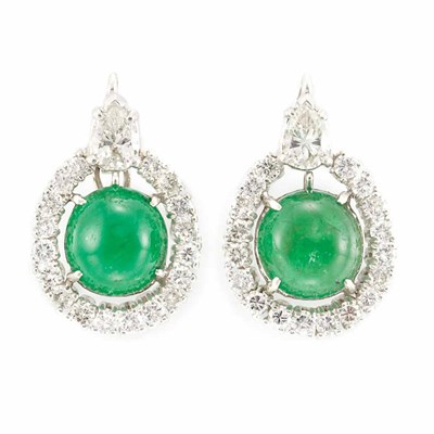 Lot 222 - Pair of White Gold, Cabochon Emerald and Diamond Earring Pendants