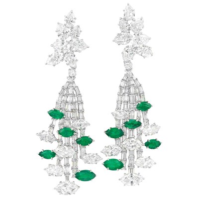 Lot 432 - Pair of Platinum, White Gold, Diamond and Emerald Pendant-Earclips, Harry Winston