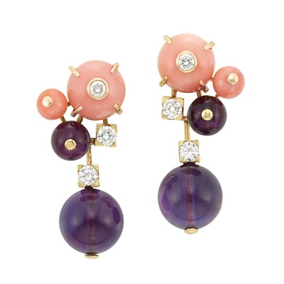 Lot 364 - Pair of Gold, Amethyst and Coral Bead and Diamond 'Les Delices de Goa' Pendant-Earrings, Cartier, France