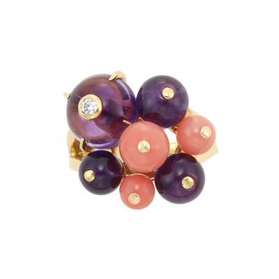 Lot 365 - Gold, Amethyst and Coral Bead and Diamond 'Les Delices de Goa' Ring, Cartier, France