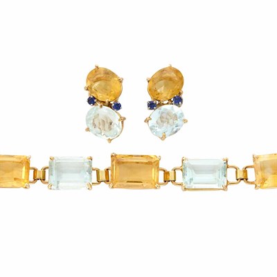 Lot 509 - Gold, Citrine and Aquamarine Bracelet and Pair of Earclips