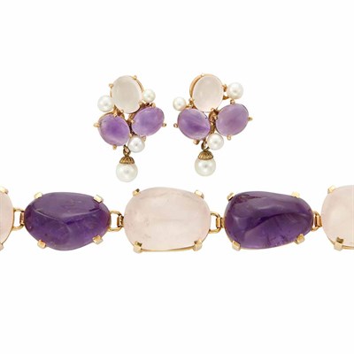 Lot 260 - Gold and Tumbled Amethyst and Rose Quartz Bracelet and Pair of Earclips