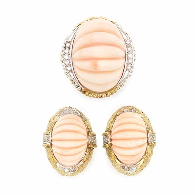 Lot 55 - Pair of Gold, Fluted Coral and Diamond Earclips and Ring