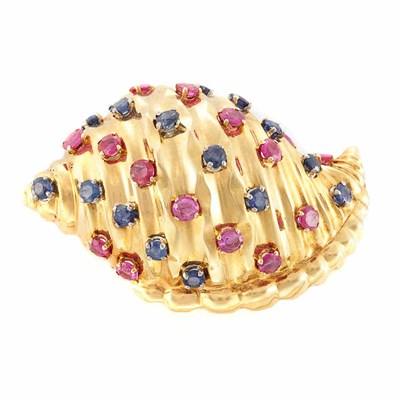 Lot 357 - Gold, Ruby and Sapphire Shell Clip-Brooch
