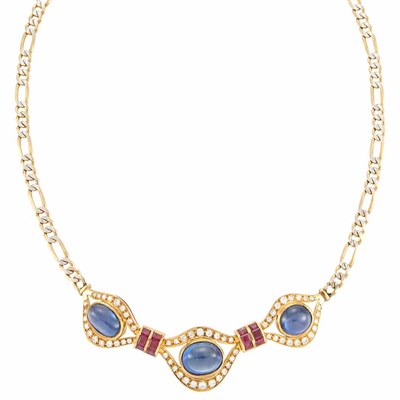 Lot 815 - Gold, Cabochon Sapphire, Ruby and Diamond Necklace with Low Karat Gold Chain Necklace