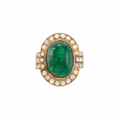 Lot 298 - Gold, Cabochon Emerald and Diamond Ring