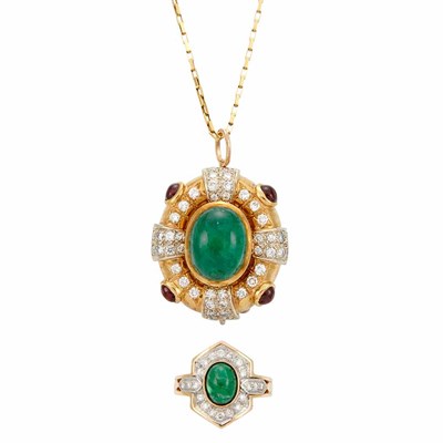 Lot 832 - Gold, Cabochon Emerald, Cabochon Simulated Ruby and Diamond Pendant-Brooch with Chain and Cabochon Emerald and Diamond Ring