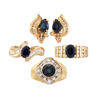 Lot 673 - Three Gold, Sapphire and Diamond Ring and Pair of Earrings