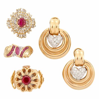 Lot 541 - Gold and Synthetic Ruby Watch Ring, Bueche Girod, Two Gold, Diamond and Gem-Set Rings and Pair of Pendant-Earrings