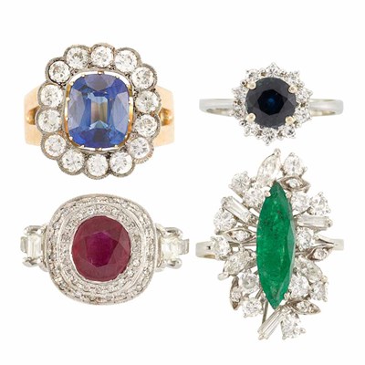 Lot 651 - Three White Gold, Diamond and Gem-Set Rings and Gold, Synthetic Sapphire and Diamond Ring