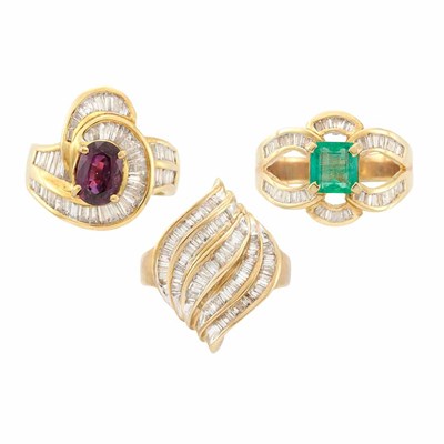 Lot 738 - Three Gold, Gem-Set and Diamond Rings