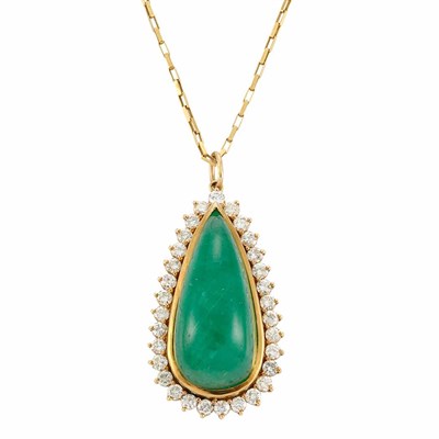 Lot 546 - Gold, Cabochon Emerald and Diamond Pendant with Chain