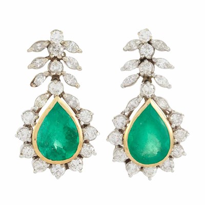 Lot 217 - Pair of Two-Color Gold, Diamond and Emerald Pendant-Earrings