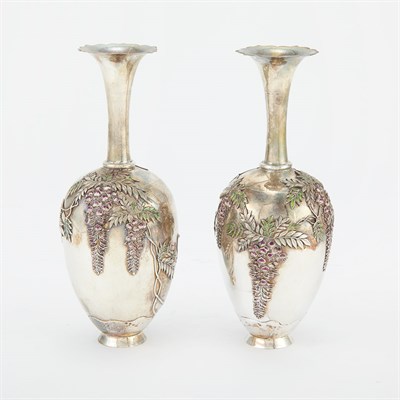 Lot 253 - Pair of Japanese Silver and Enamel Cabinet...