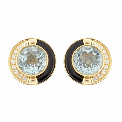 Lot 400 - Pair of Gold, Aquamarine, Diamond and Black Onyx Earclips