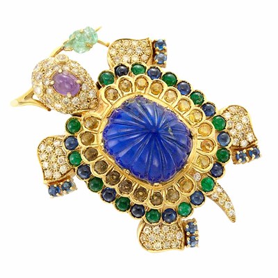 Lot 297 - Gold, Carved Lapis, Yellow Diamond and Gem-Set Turtle Clip-Brooch, Demner