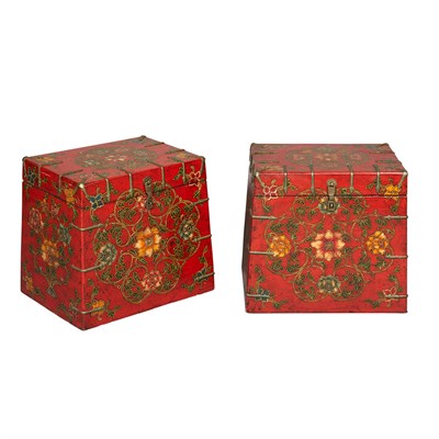 Lot 404 - Pair of Asian Floral Decorated Red Painted...