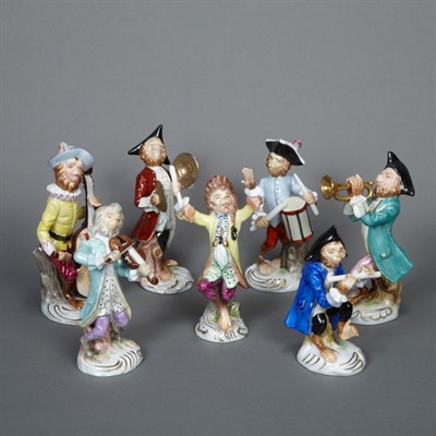 Lot 526 - Continental Seven-Piece Porcelain Monkey Band...