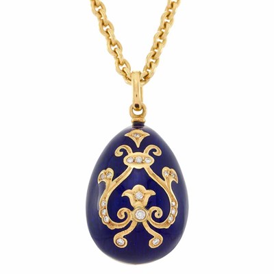 Lot 569 - Gold, Blue Enamel and Diamond Egg Pendant-Necklace, Faberge