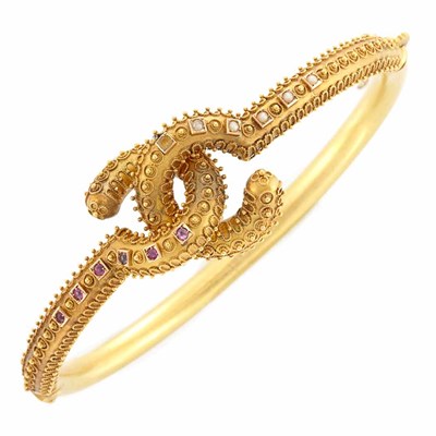Lot 80 - Antique Gold, Split Pearl and Ruby Bangle Bracelet
