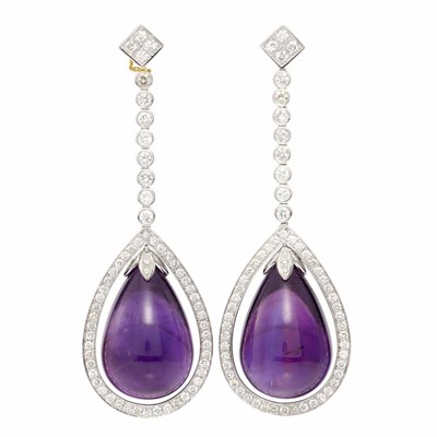 Lot 616 - Pair of White Gold, Diamond and Amethyst Pendant-Earrings