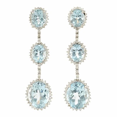 Lot 240 - Pair of White Gold, Diamond and Aquamarine Pendant-Earrings