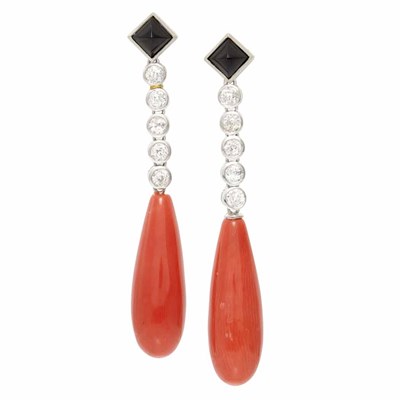 Lot 769 - Pair of White Gold, Black Onyx, Diamond and Coral Pendant-Earrings