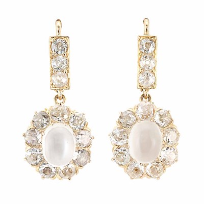 Lot 103 - Pair of Gold, Moonstone and Diamond Pendant-Earrings