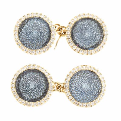 Lot 420 - Pair of Gold, Blue Guilloche Enamel and Diamond Cufflinks