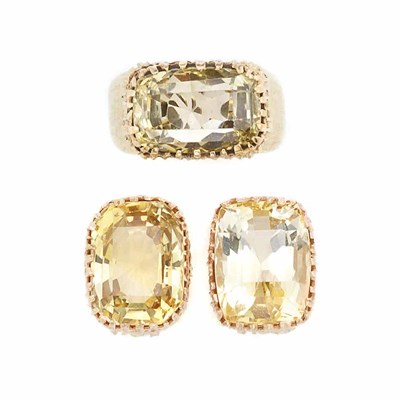 Lot 328 - Pair of Two-Color Gold and Citrine Earrings and Ring, Boris Le Beau