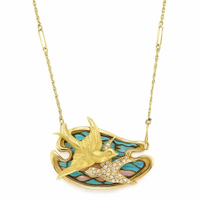 Lot 692 - Gold, Plique-a-Jour Enamel and Diamond Pendant-Necklace