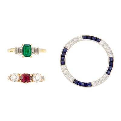 Lot 938 - Two Gold, Gem-Set and Diamond Rings and Platinum, Diamond and Synthetic Sapphire Circle Pin