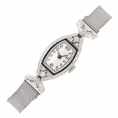 Lot 112 - Lady's Art Deco Platinum, Diamond and Black Onyx Watch with Gray Grosgrain Ribbon Strap