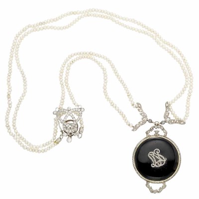 Lot 109 - Belle Epoque Double Strand Seed Pearl, Platinum, Diamond and Black Enamel Pendant-Watch Necklace