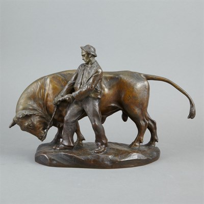 Lot 556 - Bronze Figural Group of a Farm Hand and Bull...