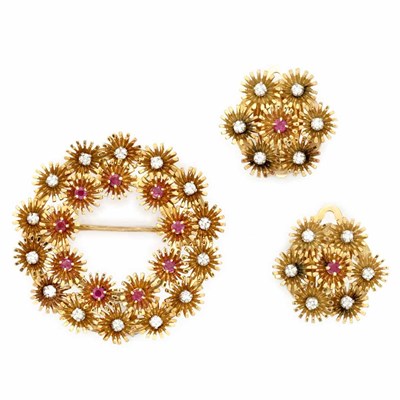 Lot 514 - Gold, Diamond and Ruby Brooch and Pair of Earrings