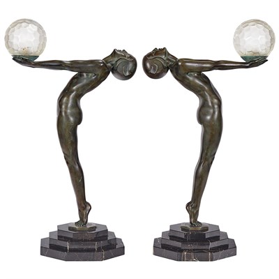 Lot 500 - Pair of Art Deco Green Style Patinated-Bronze...