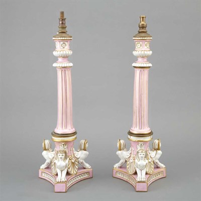Lot 203 - Pair of French Pink Ground Porcelain Lamp...