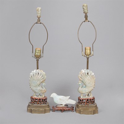 Lot 424 - Two Asian Jade Peacock-Form Lamps; And an...