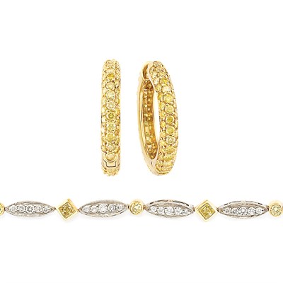 Lot 245 - Two-Color Gold, Diamond and Fancy Colored Yellow Diamond Necklace and Pair of Gold and Fancy Colored Yellow Diamond Hoop Earrings