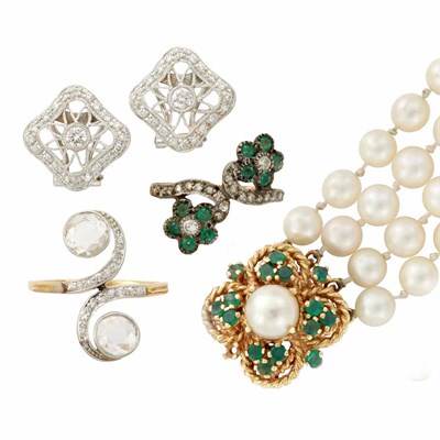 Lot 937 - Triple Strand Cultured Pearl Necklace with Gold, Cultured Pearl and Emerald Clasp and Group of Diamond and Gem-Set Jewelry