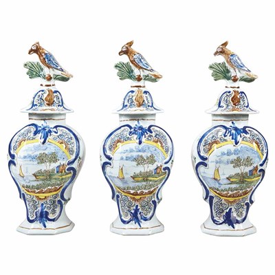 Lot 379 - Garniture of Dutch Delft Polychrome Vases and...