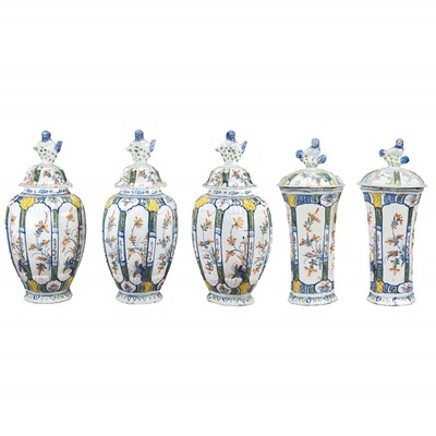 Lot 380 - Garniture of Dutch Delft Polychrome Vases and...