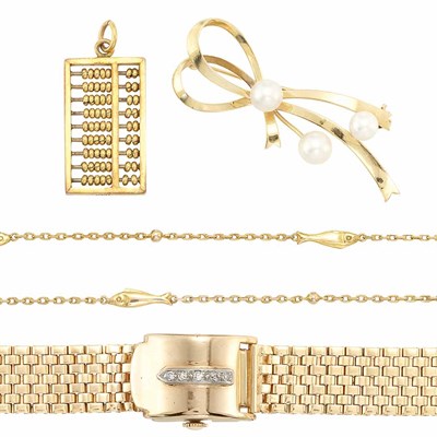 Lot 929 - Group of Gold Jewelry and Vermeil 'Tank' Wristwatch, Cartier