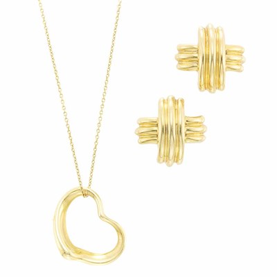 Lot 361 - Pair of Gold Earrings, Tiffany & Co. and Gold Heart Pendant-Necklace, Tiffany & Co., Elsa Peretti