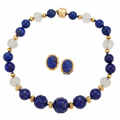 Lot 2 - Carved Lapis, Lapis, Carved Rock Crystal and Gold Bead Necklace and Pair of Gold and Fluted Lapis Earclips