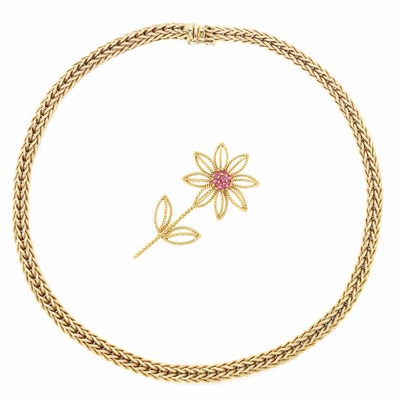 Lot 53 - Gold and Ruby Flower Brooch, Tiffany & Co., and Woven Gold Necklace