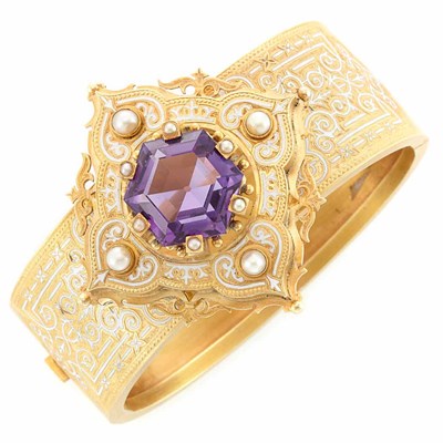 Lot 83 - Antique Gold, Amethyst, Split Pearl and White Enamel Bangle Bracelet