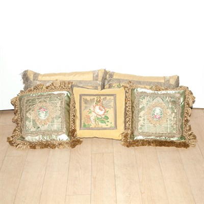 Lot 372 - Group of Five Silk and Metallic Thread Pillows